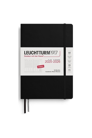 Leuchtturm1917 Orta Boy A5 Akademik 18 Aylık Hafta Ajandası 2026 Sert Kapak, İngilizce, Siyah 372815