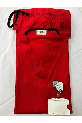 Doktor Hemşire Scrubs Üniforma Ligralı Kırmızı