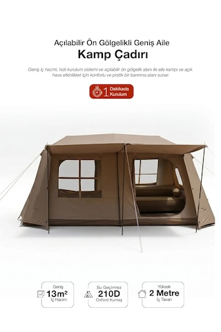 8 Kişilik 4 Mevsim Su Geçirmez Gölgeli Kamp Çadırı 210d Oxford Kumaş 13m2 395x275x220 Cm Bej
