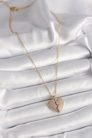 Gold Renk Zincir Zirkon Taşlı Kalp Model Kadın Kolye - Ebj241228w30252 Bakır