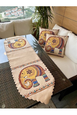 Çift Tarafı Baskılı Fil Desenli Dekoratif 2'Li Kırlent Kılıfı Ve Çift Tarafı Baskılı Fil Desenli Dekoratif 2'Li Kırlent Kılıfı Ve