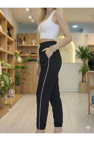 Ribana Classic Kadın Vizon Renk Bel Ve Bilek Lastik Detaylı Yan Tek Şerit Çizgili Çift Cepli İpli Pantolon 3564 siyah