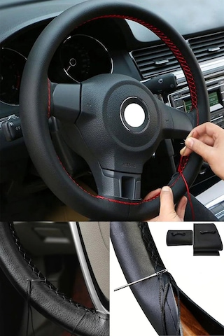 Volvo S40 1995-2003 Uyumlu Direksiyon Kılıfı Dikmeli Siyah Deri Kırmızı Dikişli