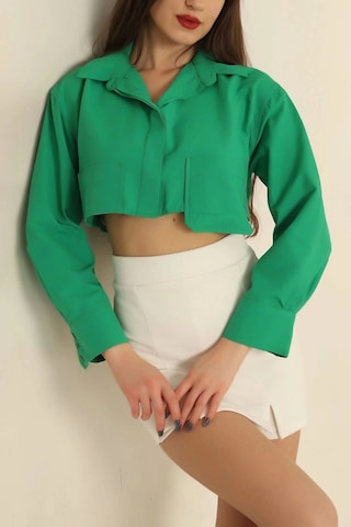 Defymoda Poplin Crop Gömlek Yeşil S3060 Yeşil