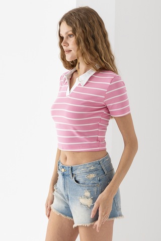 Giysa Kadın Polo Yaka Çizgili Pamuklu T-shirt Pembe Beyaz - 25795 Pembe - Beyaz