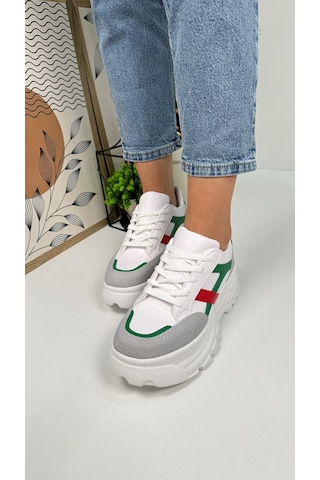 Günlük Kadın Sneaker Kalın Yüksek Taban Bağcıklı Rahat Tiger Şeritli Spor Ayakkabı 032 08-taş Yeşil Kırmızı
