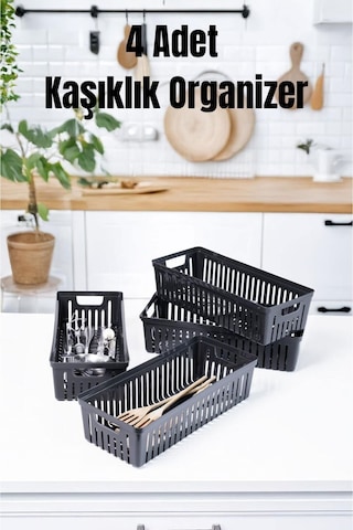 4 Lü Gri Mutfak Çekmece İçi Düzenleyici Kaşık Çatal Bıçak Organizeri, Plastik Düzenleme Kutusu Pla Diğer