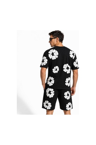 Erkek 2'li Set Baskılı Şort Tişört Takım Oversize Double Face Siyah