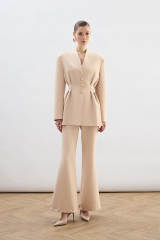 Sateen Gold Düğmeli Uzun Ceket - Bej-136771 Bej