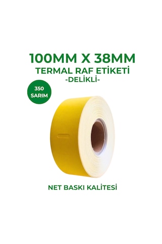 Rulorulo 100x38 Termal Karton Raf Etiketi Ortadan Delikli Sarı Renk 350 Sarım 10 Adet