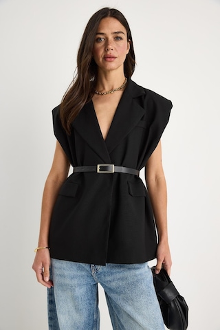Shade Kadın Cep Detaylı Kemerli Vatkalı Oversize Astarlı Blazer Yelek 11143 60281003 - Siyah