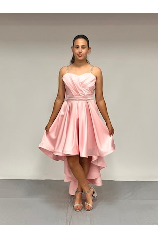 Kız Çocuk Abiye Pembe Taş Kordon Askılı Kalp Yaka Mat Saten Kuyruklu Abiye Elbise 9-16 Yaş Pembe