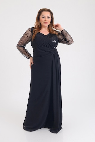 Lilas Xxl Kadın Büyük Beden Şifon Uzun Abiye Elbise 9651 Siyah Siyah