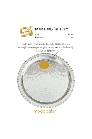 Modabakir Bakır Künefe Tepsi, Bakır Sunum Servis Tepsisi 35 Cm Model:85235 Gümüş