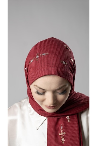 Hürrem Bone Bordo Pratik Hazır Geçmeli Tesettür Şal Örme Kumaş Taşlı Çiçek Desenli 2118c 16