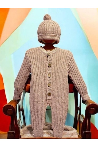 Bebek Örgü Fitilli Bereli Kışlık Tulum-15298 Gül Kurusu