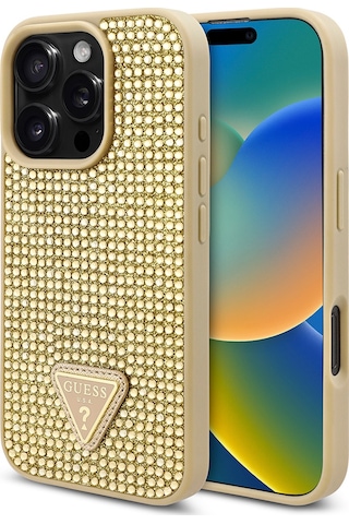 Apple Uyumlu iPhone 16 Pro Max Kılıf Guess Lisanslı Üçgen Logolu Taşlı Kapak Gold