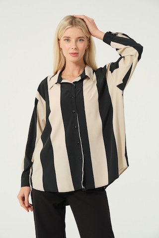 Basic Oversize Çizgili Gömlek Bej Siyah Bej - Siyah