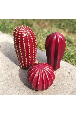 Thiramis Homeconcept Dekoratif 3'lü Kaktüs Bordo Gold Detay