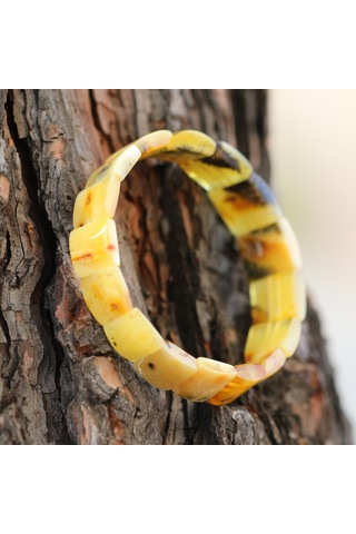 Kare Kesim Baltık Kehribar Bileklik Doğal Gerçek Kehribar Elastik - Sarı Renk Yeşil