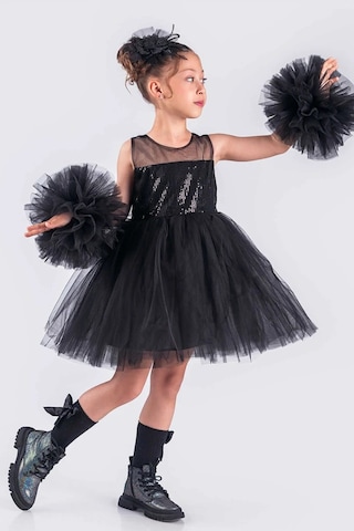 Kız Çocuk Abiye Elbise Ponpon Kol Pul Payetli Tütülü Siyah