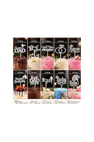 Gümüş-gold Renk Seçenekli Akrilik Pasta Süsü 10 Model Seçenekli 14-15 Cm Doğum Günü Nişan Düğün Baby Shower Pasta Dekoru