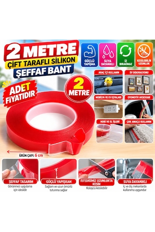 Kahveci.store 2 Metre Güçlü Yapışkanlı Çift Taraflı Slikon Pratik Şeffaf Bant Adet   22