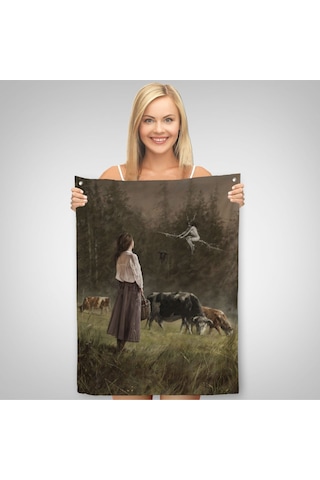 Süpürgeli Cadıya Özenen Kız Dekoratif Duvar Örtüsü - Halısı -6185