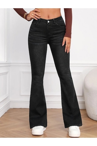 Zenna Tarz Kadın Yüksek Bel Cepli İspanyol Paçalı Kot Jeans Pantolon Siyah