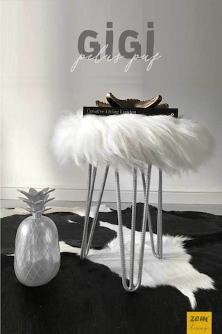 Gigi Peluş Puf, Beyaz Silver Beyaz - Gümüş