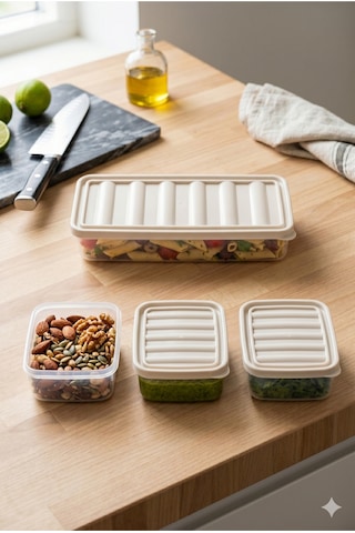 4'lü Modüler Saklama Kabı Seti 1 Litre + 3x250ml Şeffaf Sızdırmaz Kapaklı Mutfak Buzdolabı Organizer Açık Bej
