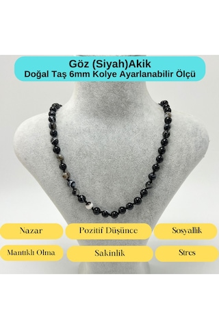 Yıldız Doğal Taş Göz Akik Doğal Taş 6 MM Makrome Kolye 45 CM - 55 CM Ayarlanabilir Siyah