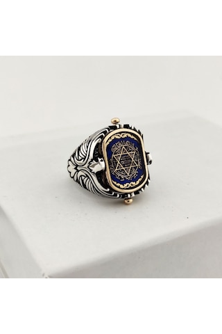 925 Ayar Gümüş Mavi Mineli Çift Taraflı Mührü Süleyman Erkek Yüzük Silver