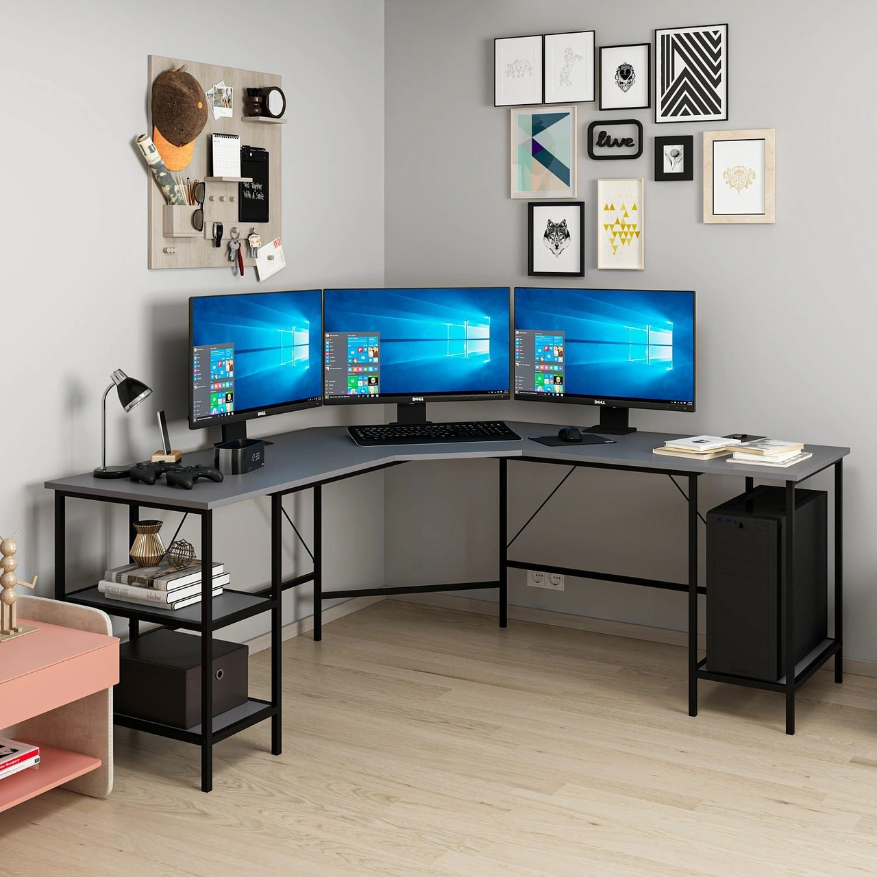 Power Raflı L Köşe Çalışma Masası - Antrasit Siyah