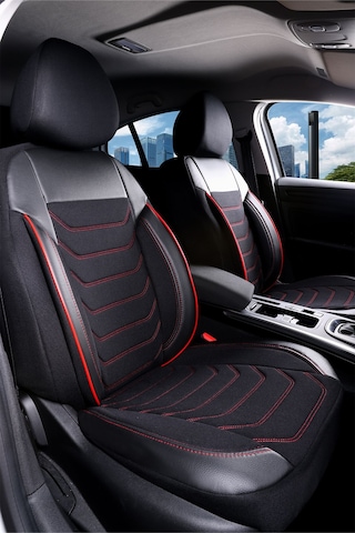 Renault Megane 2 Station Wagon Uyumlu Lüx Deri Detaylı Oto Koltuk Kılıfı Ön Arka Takım Carbon Siyah Kırmızı