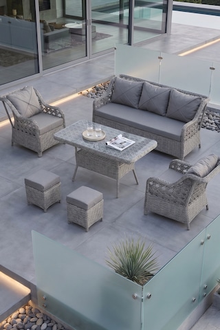 Canisa Anemon Serisi 1. Sınıf 3+1+1+2 Puf Gri Rattan Gri Minder Bahçe Balkon Oturma Koltuk Takımı
