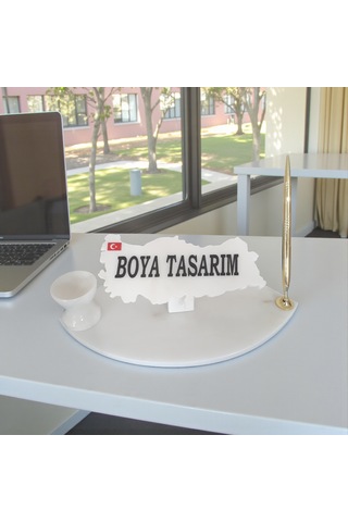 Doğal Beyaz Mermer Masa İsimlik Kalem Ve İğnelikli