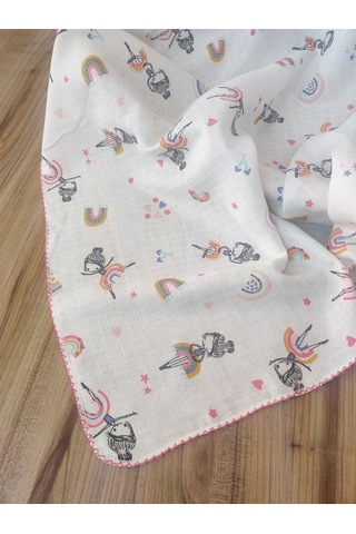 Desenli Müslin Kız Erkek Bebek Battaniyesi Oeko-texli %100 Pamuklu Puset Örtüsü Yenidoğan 90x80cm Pembe
