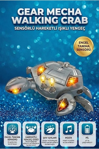 Işıklı, Pilli, Müzikli, Yürüyen, Engellerden Kaçan Mekanik Kıskaçlı Akıllı Yengeç Oyuncak Siyah
