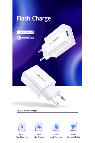 Usams US-CC083 T22 18W Hızlı Şarj Adaptörü QC3.0 – iPhone 13 / Samsung S23 / Google Pixel 8 Uyumlu