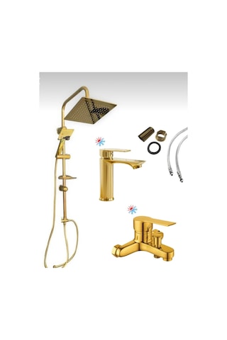 Viosa Kare Model Gold Yağmurlama Tepe Duş Seti Banyo Lavabo Bataryası 3'lü Set Krom
