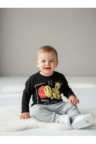 Zekids Erkek Bebek Pamuklu Emoji Baskılı İnce Uzun Kollu T-shirt-12532 Siyah