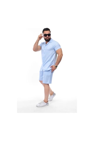 Mcz Giyim Keten Bebe Mavisi Renk Slim Fit Erkek Şort - Gömlek Alt Üst Takım