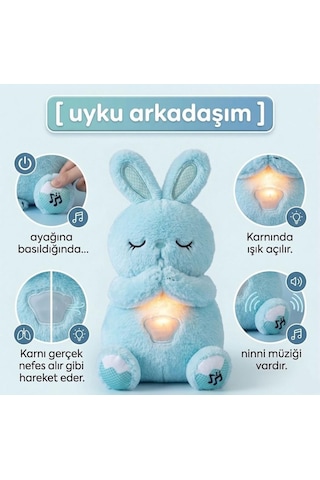Nefes Alan Işıklı Müzikli Uyku Arkadaşı Tavşan 30 Cm Ninni Söyleyen Göğsü Hareketli Uyku Oyuncağı Mavi