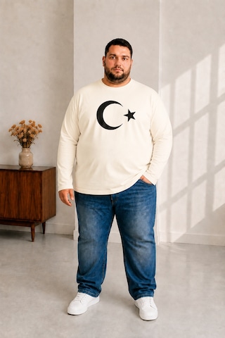 Sngl Tekstil Erkek Büyük Beden Uzun Kollu Ay Yıldız Baskılı Tişört 3xl 4xl 5xl 6xl 7xl 8xl 9xl Ekru