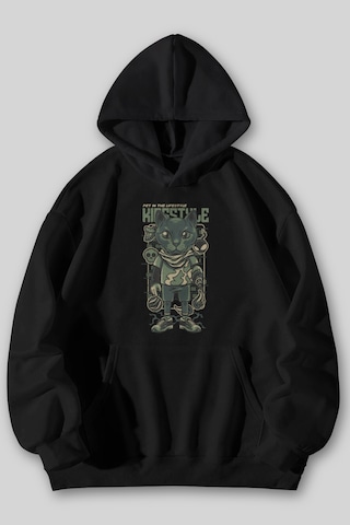 Harmandar Kid Style Cat Baskılı Unisex Siyah Gri Kanguru Cepli Kapüşonlu Sweatshirt Hoodie SiYAH