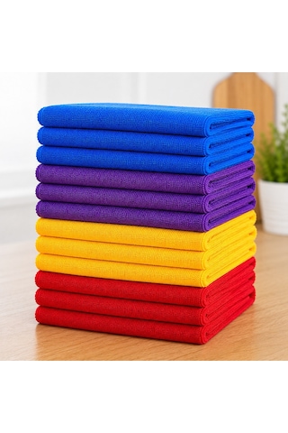 Muggio 32x32 Mikrofiber Temizlik Bezi 12'li Set 4 Renk, Yüksek Emicilik, Leke Tutmaz, Koku Yapmaz Çok Renkli