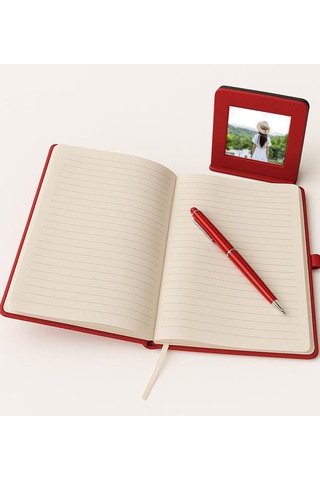 Kişiye Özel İsimli Defter Kalem Fincan Fotoğraf Kırmızı Set -