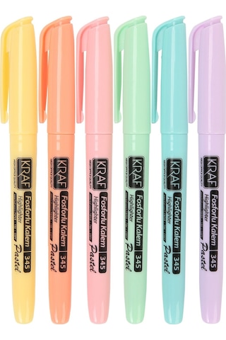 Kraf 345 Fosforlu Kalem Tipi Pastel Renkler 6'lı Paket Çok Renkli