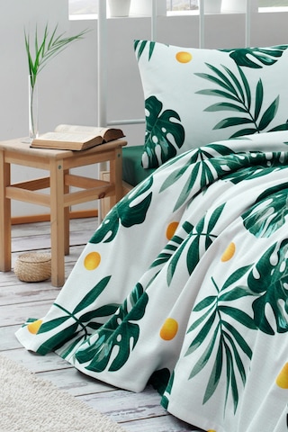 Tek Kişilik Doğal Pike Baskılı Monstera Yeşil Yeşil